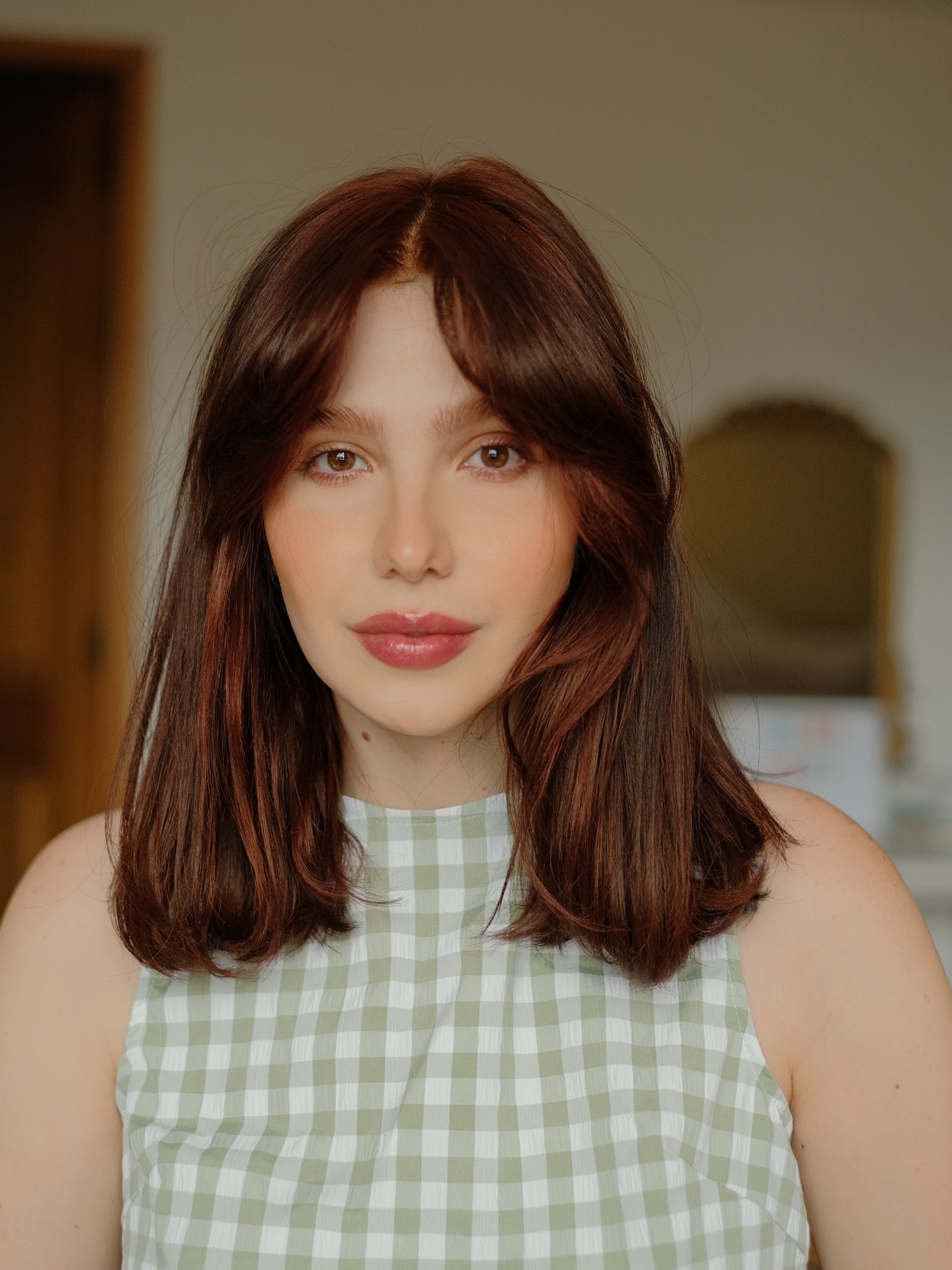 Chestnut Collarbone Cut with Soft Curtain Fringe and Flipped Ends
