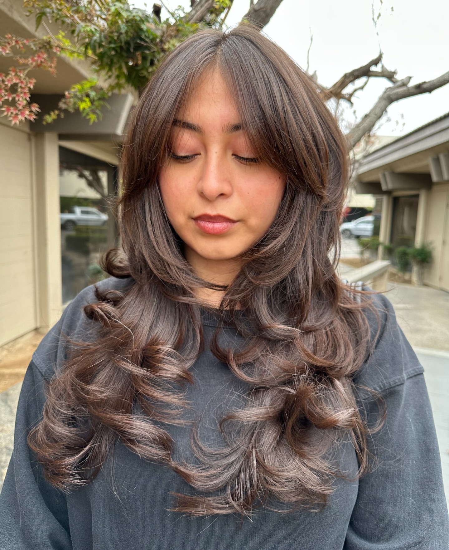 Chocolate Feathered Curtain Layers with Rotated Blowout Ends