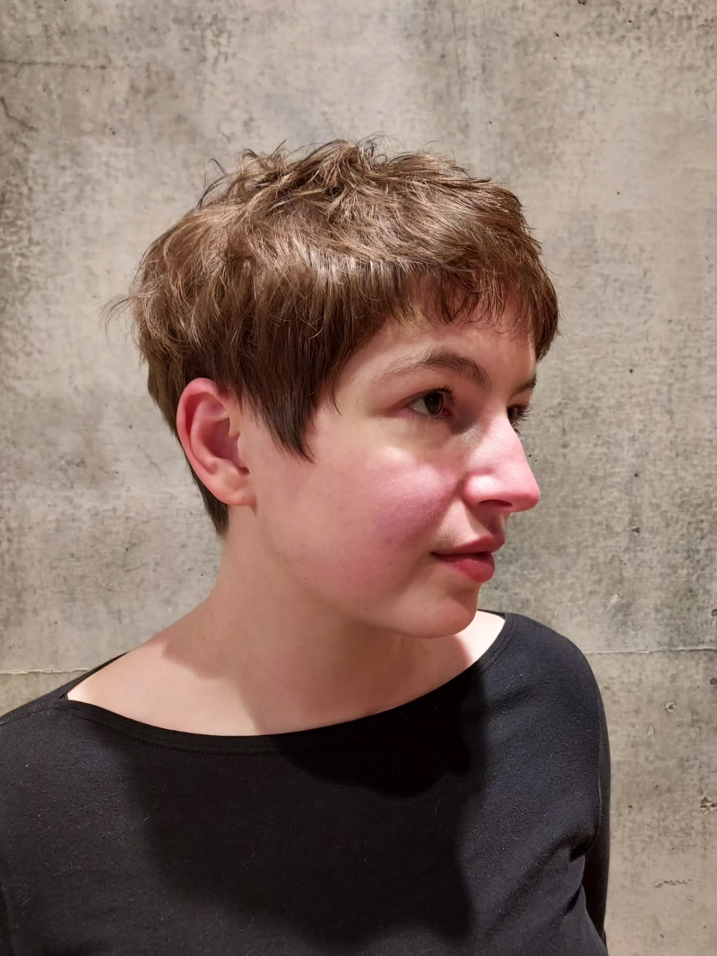 Choppy Micro-Cropped Pixie with Diagonal Fringe and Crown Texturizing