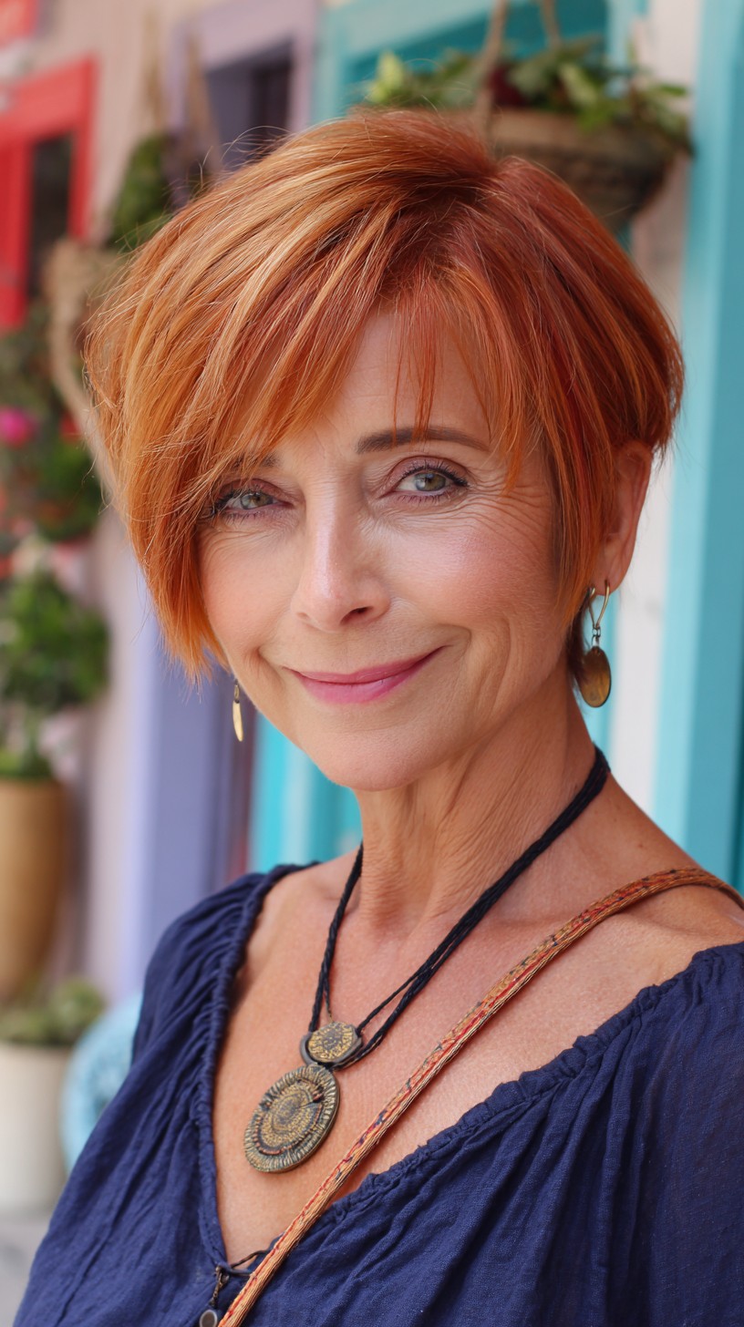 Copper Asymmetrical Pixie with Face-Framing Long Fringe