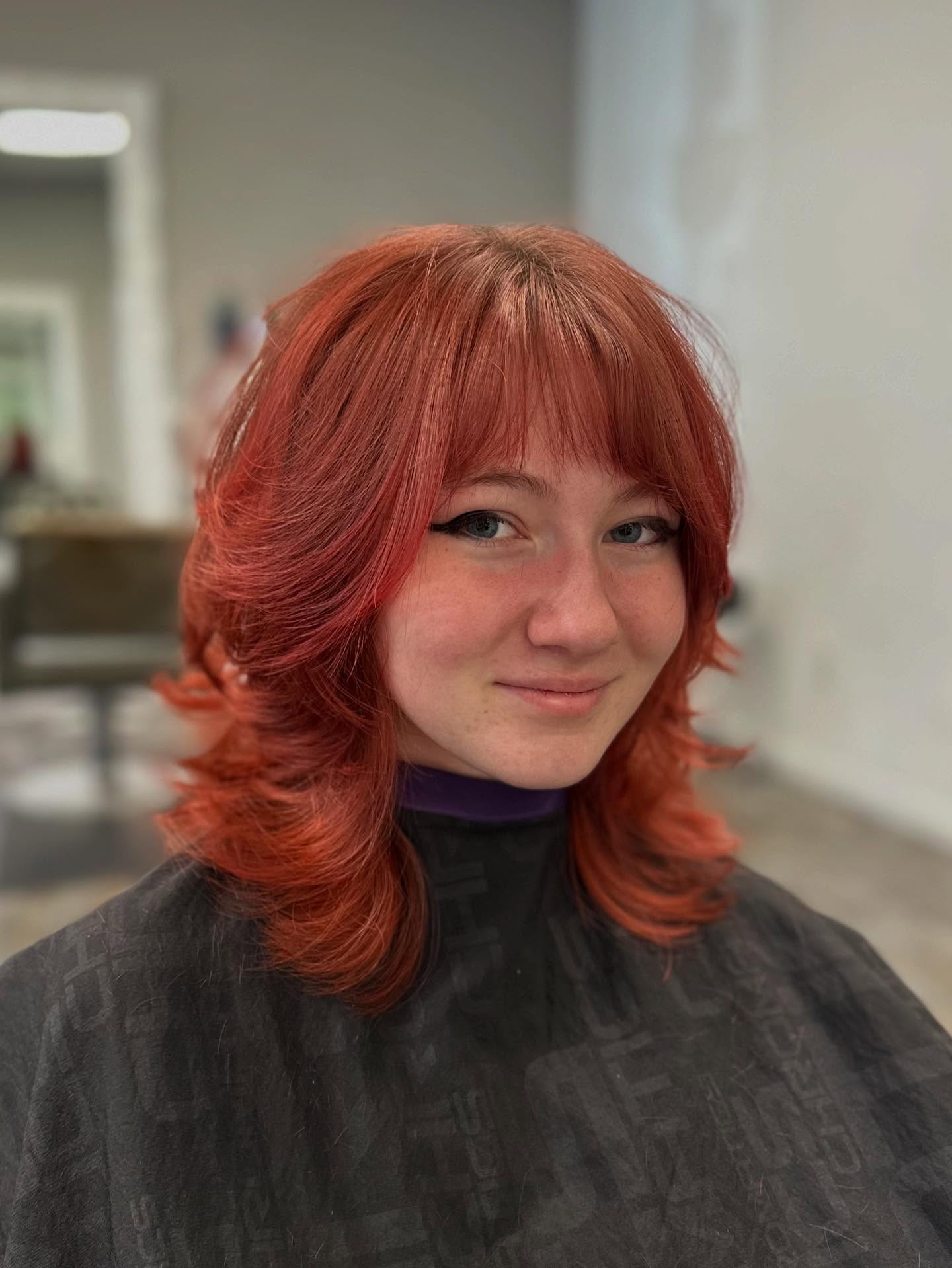 Copper Feathered Mullet-Shag with Soft Curtain Bangs