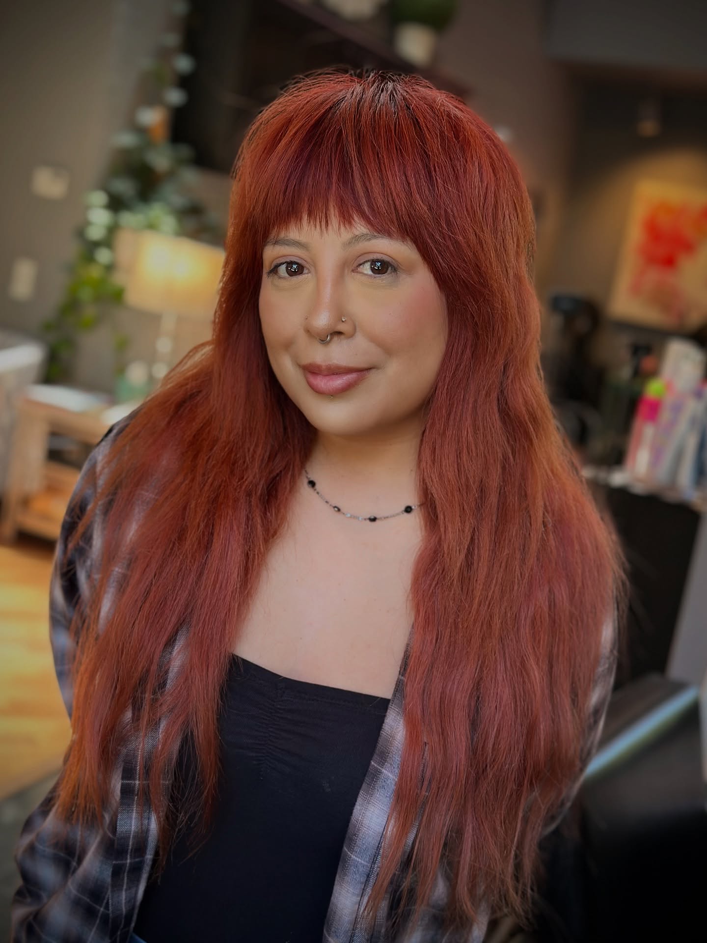 Copper Long Shag with Blunt Baby Bangs and Soft Pointed Ends