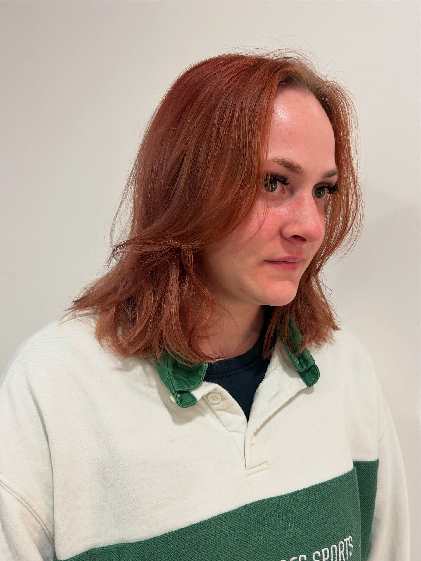 Copper Shoulder-Length Lob with Soft Face-Framing Layers