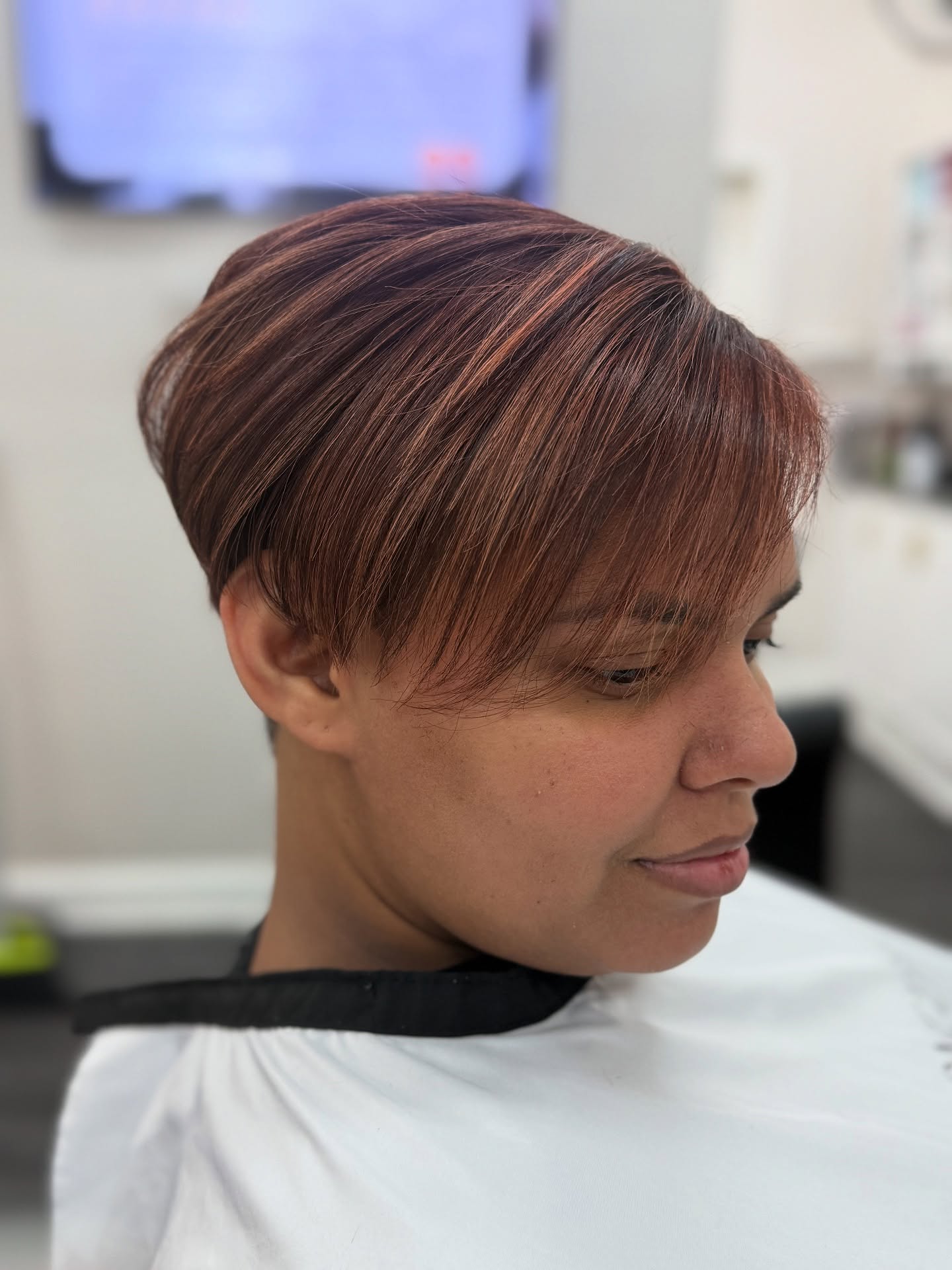 Copper Stacked Pixie with Soft Side-Swept Fringe