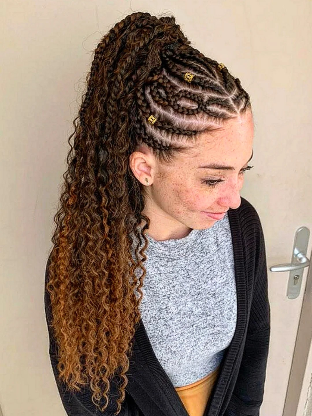 Curved Feed-In Cornrows with Long Curly Ombre Ponytail