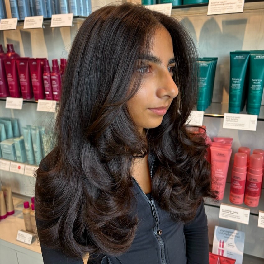 Deep Brunette Full-Length Layered Cut with Face-Framing Curtain Sweep