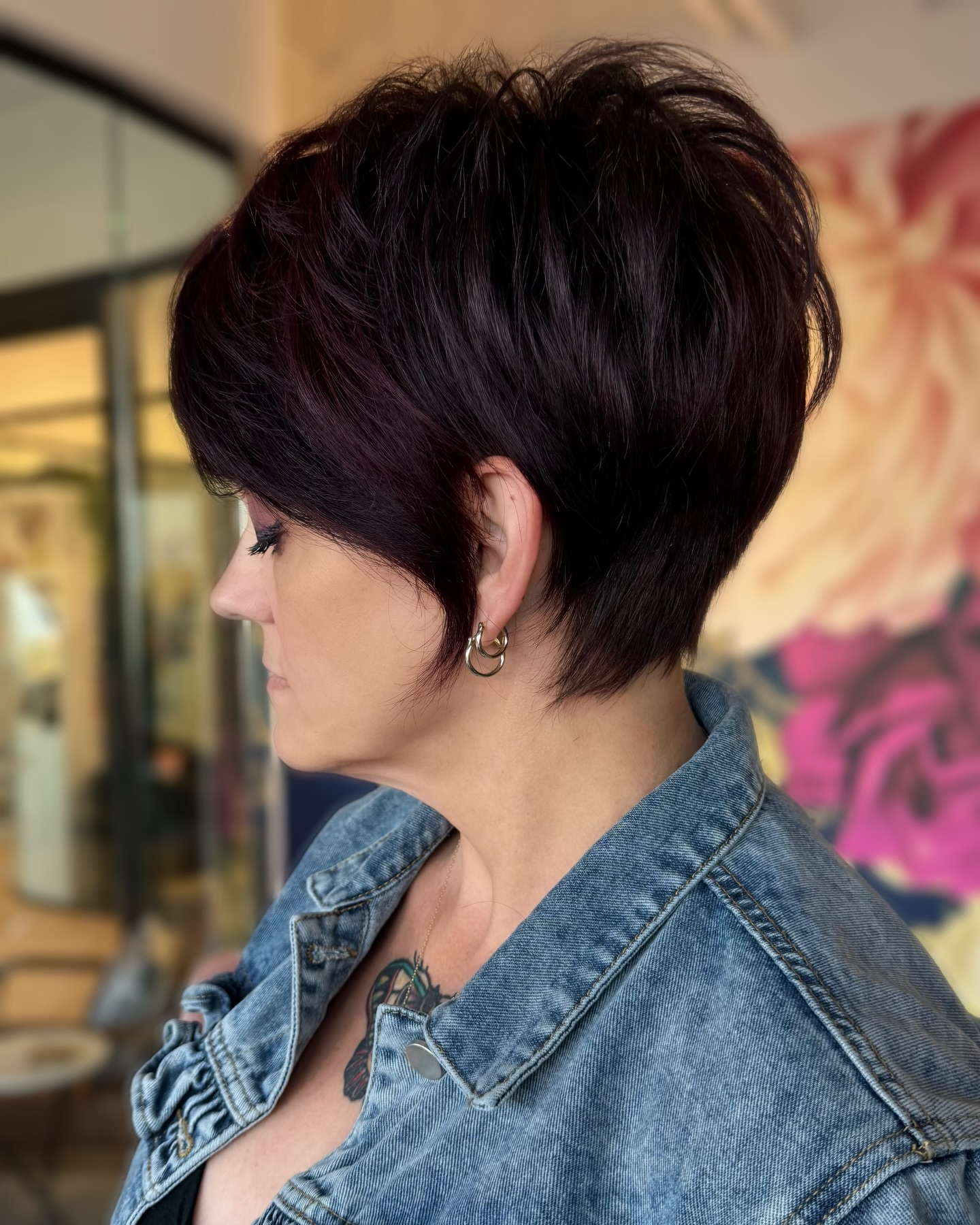 Deep Plum Stacked Pixie with Long Side Sweep