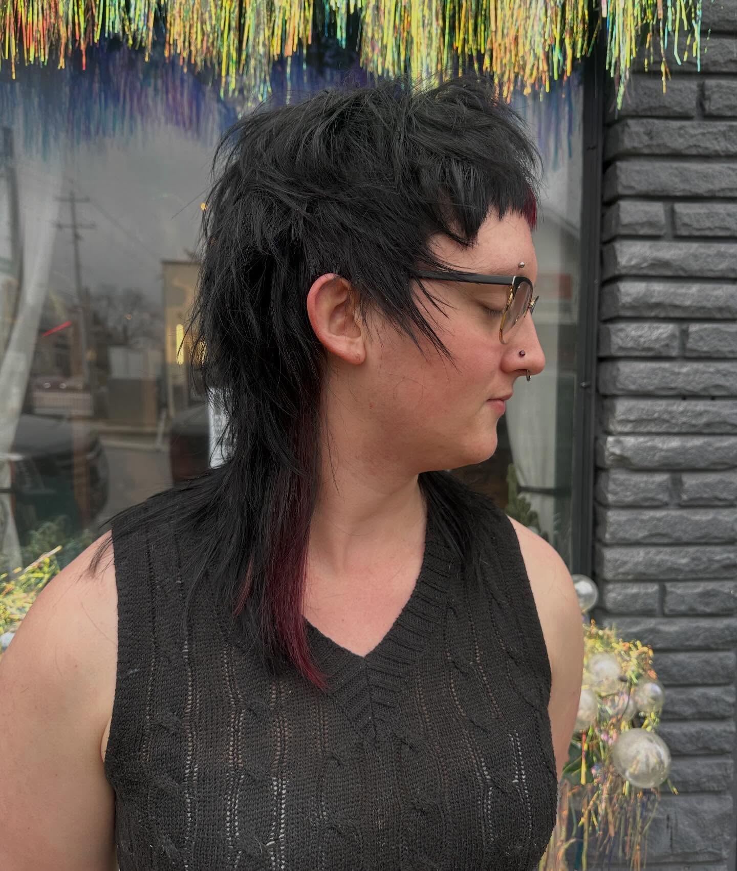 Edgy Layered Mullet with Textured Micro-Fringe and Peekaboo Burgundy Underlayer