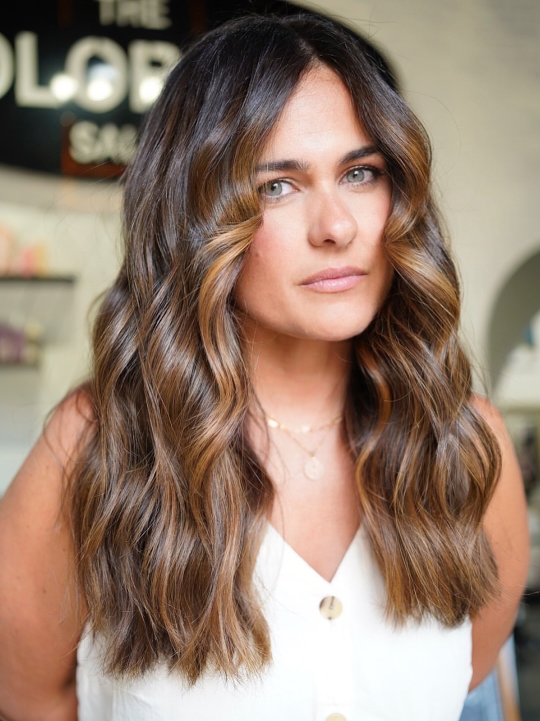 Face‑Framing Brunette Balayage with Soft S‑Wave Long Layers