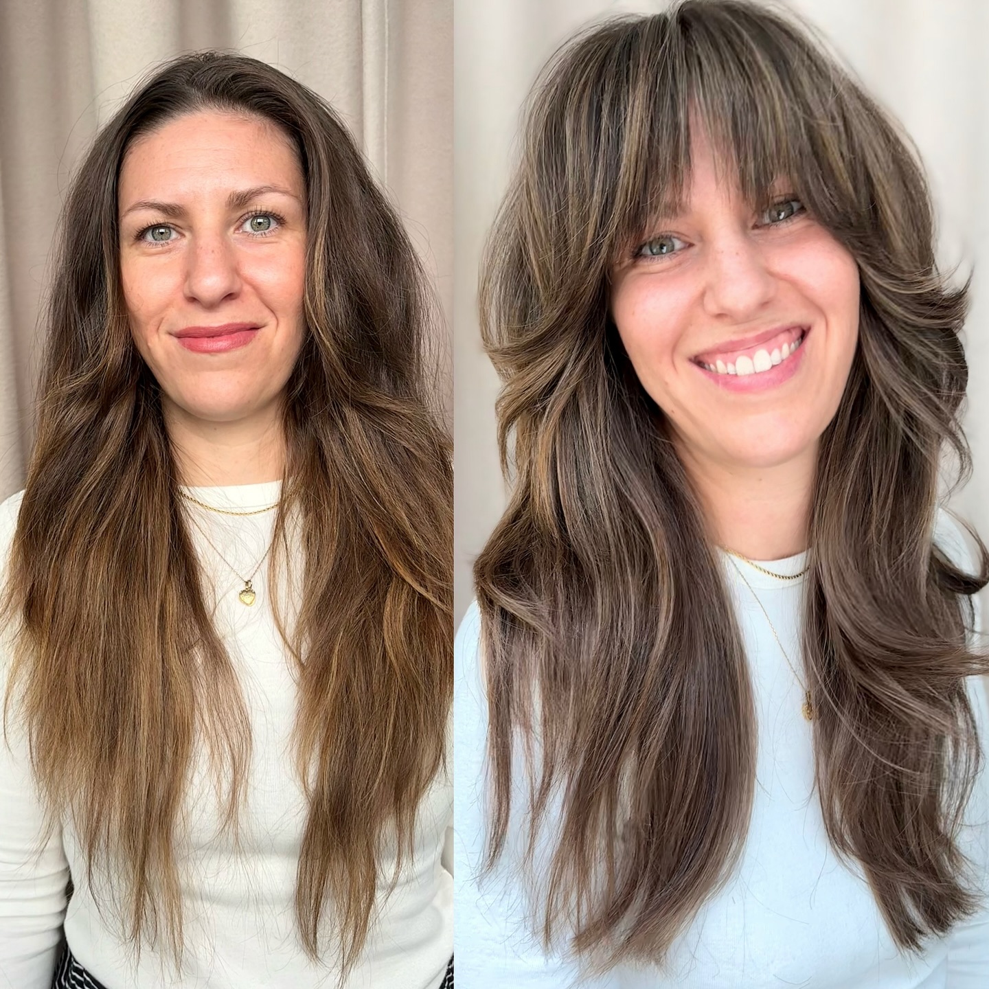 Feathered Long Layers with Soft Curtain Fringe and Root-Blend