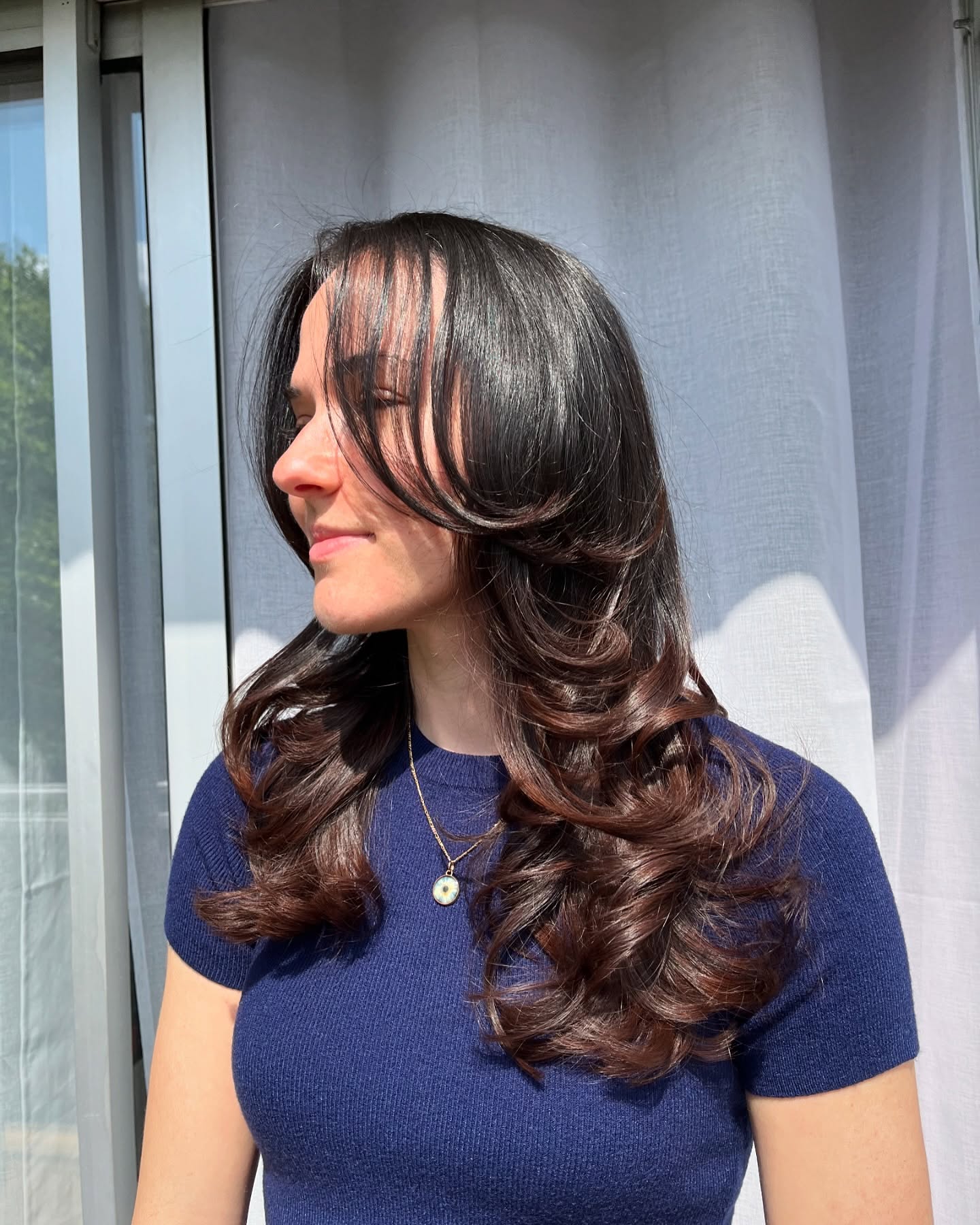 Glossy Chocolate Brown Long Layers with Feathered Face-Framing Fringe