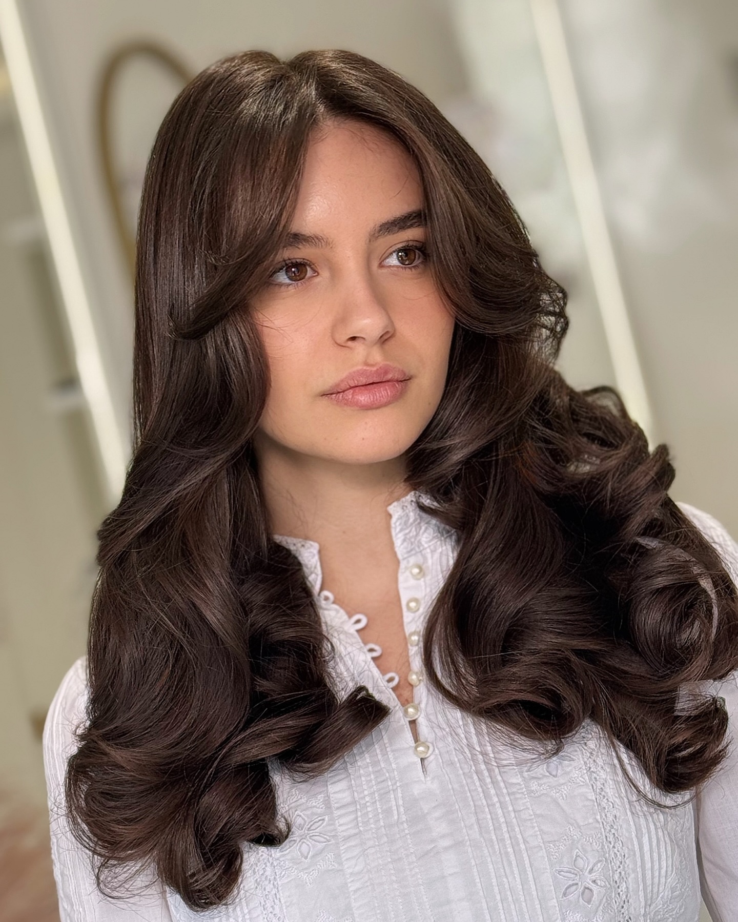Glossy Deep Chocolate Curtain Layers with Big Blowout Curls