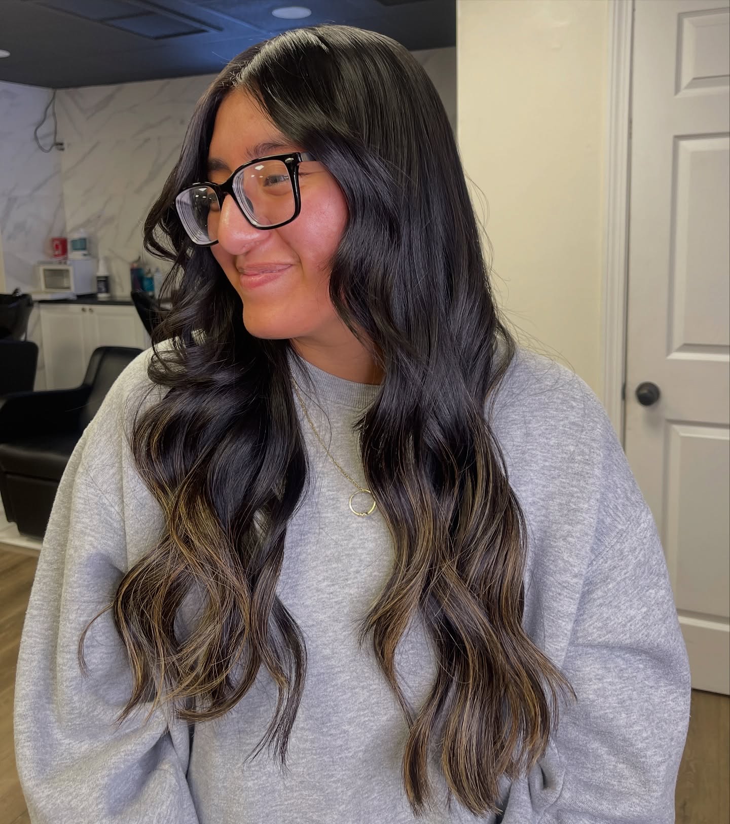 Glossy Deep Espresso Long Layers with Subtle Face-Framing and Micro-Lowlights