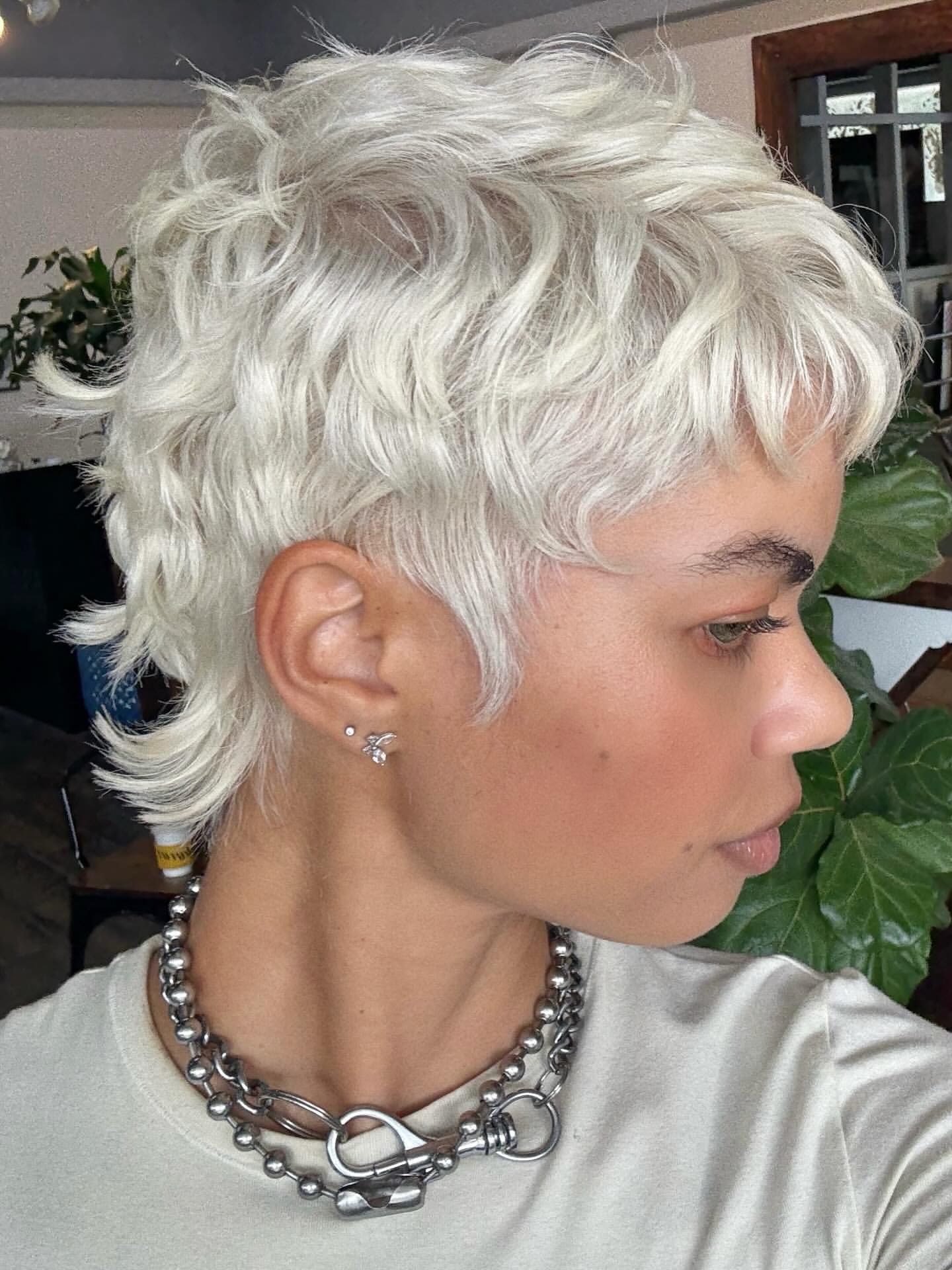 Icy Platinum Feathered Pixie-Mullet with Wispy Micro Fringe