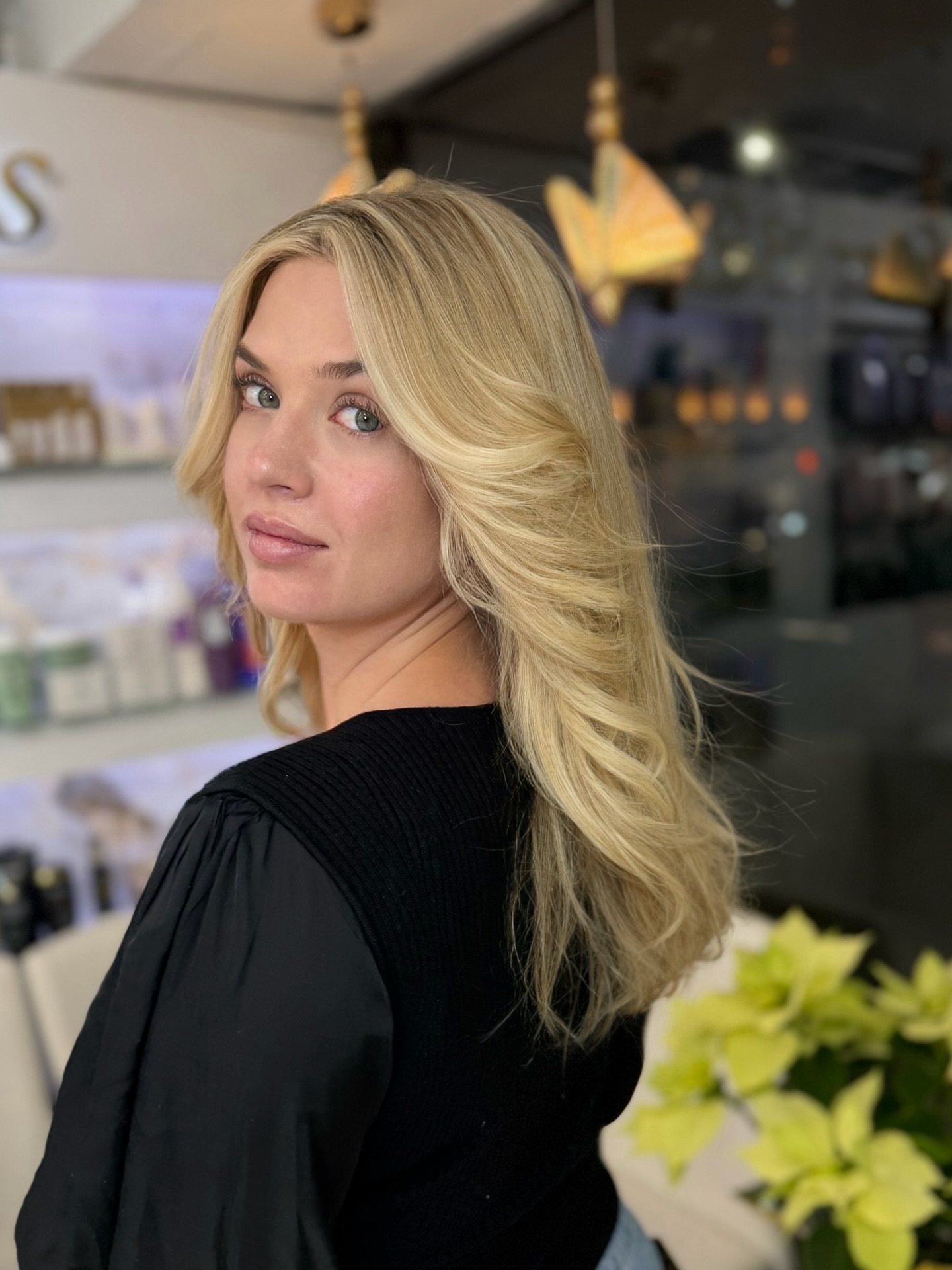 Long Blonde Curtain Layers with Rounded Blowout