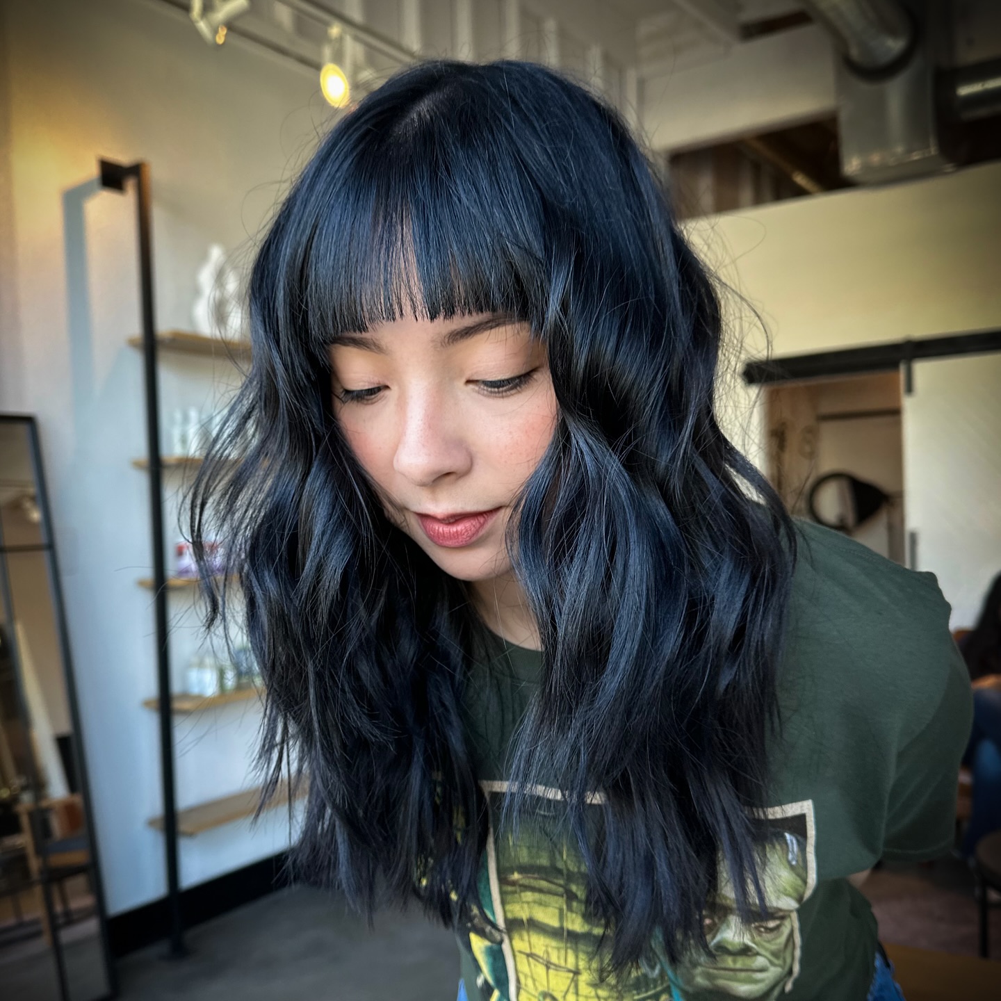 Long Blue-Black Waves with Blunt Micro Fringe and Face-Framing Layers