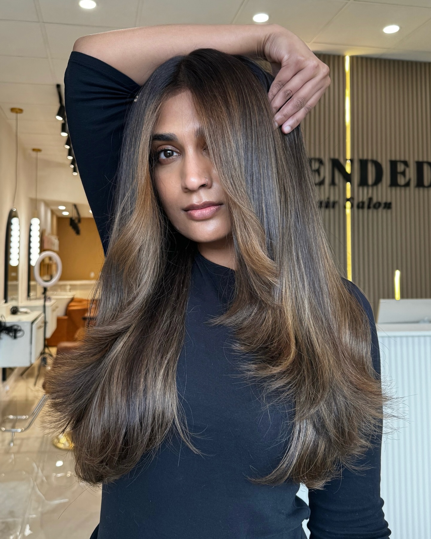 Long Face‑Framing Layered Cut with Soft Curtain Bangs