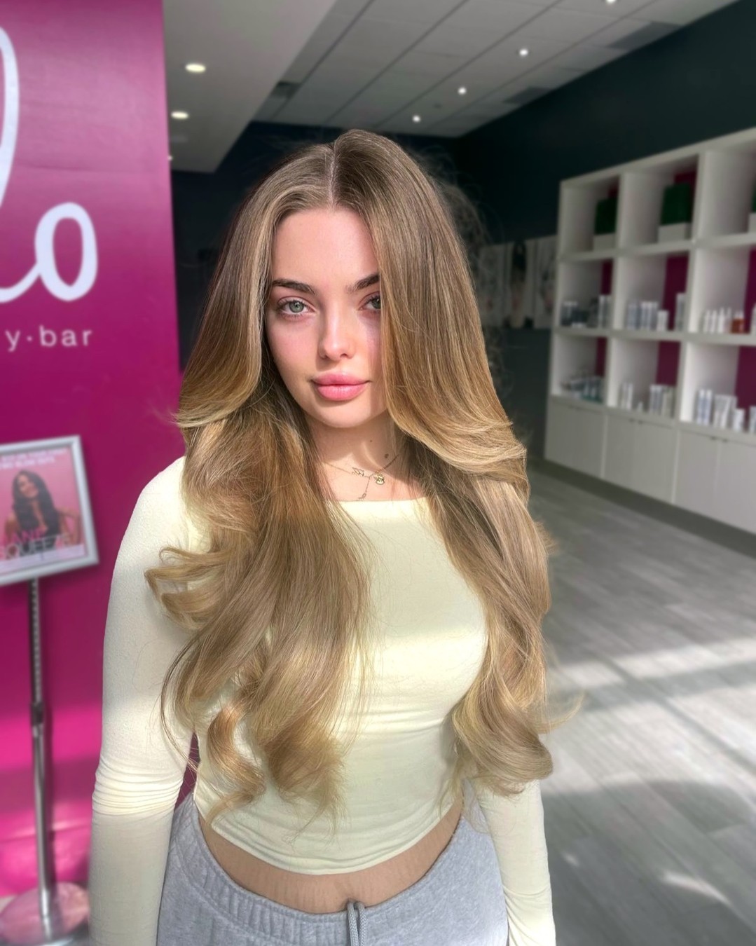 Long Feathered Center Part with Ash-Beige Root Melt