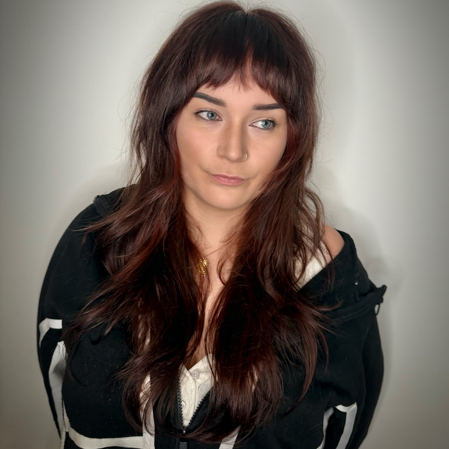 Long Feathered Layers with Choppy Micro-Fringe and Mahogany Lowlights
