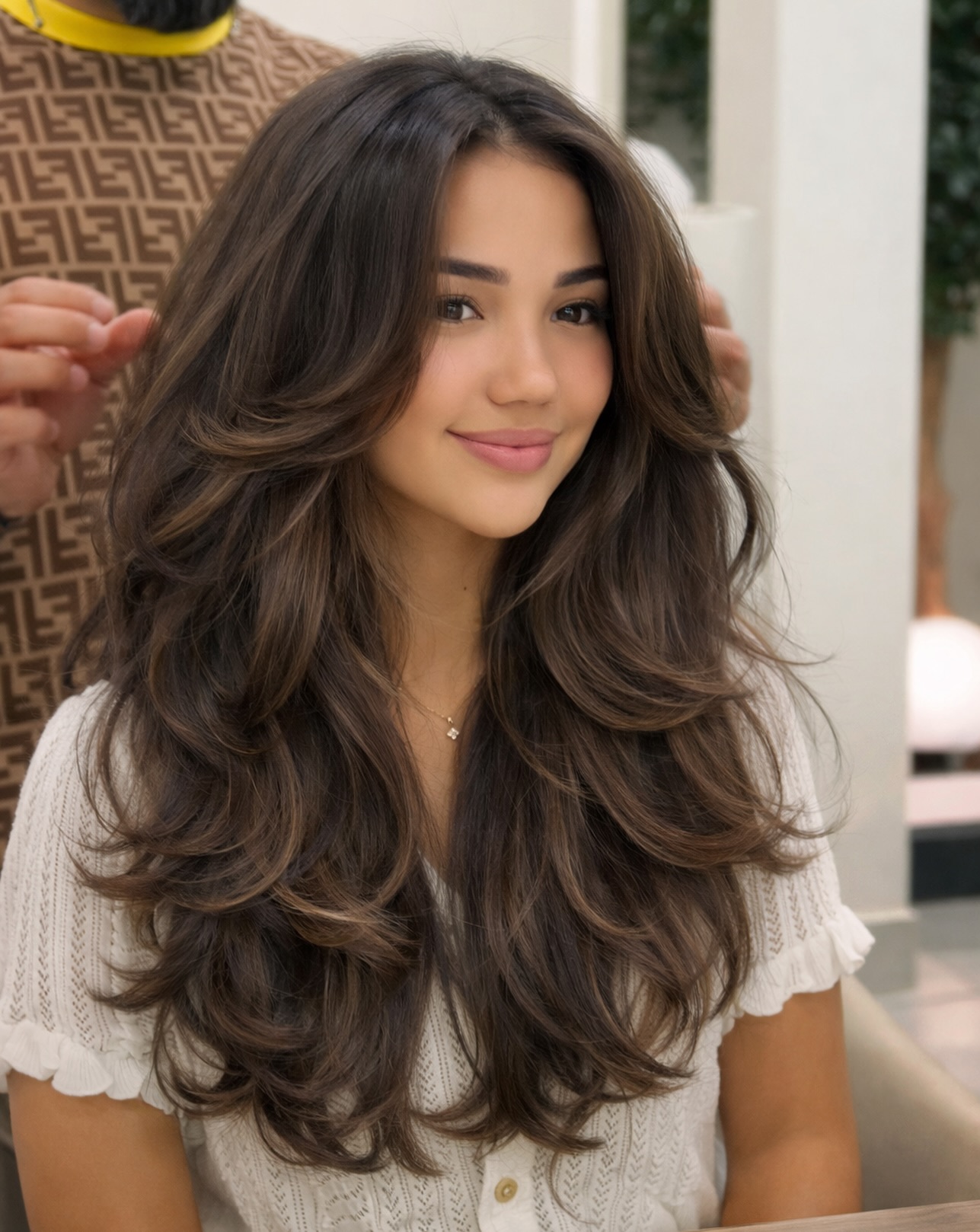 Long Layered Curtain Cut with Face-Framing Feathered Ends