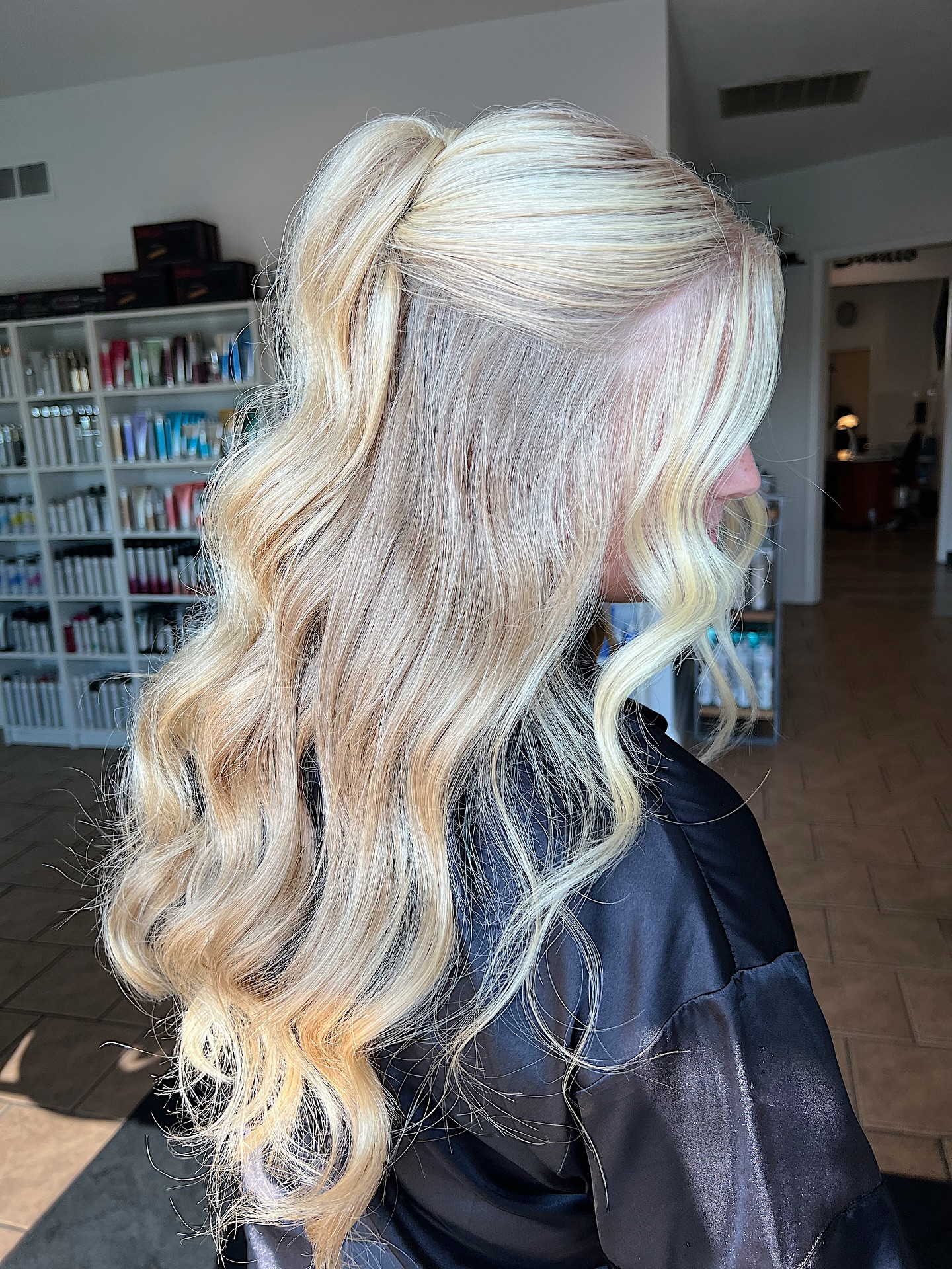 Long Platinum Half-Up with Face-Framing S-Waves