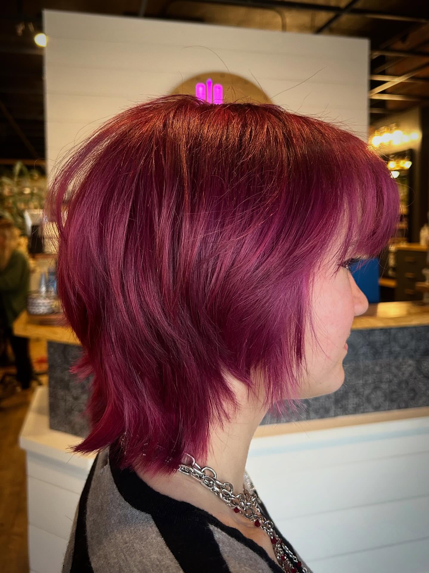 Magenta Choppy Neck-Length Shag with Feathered Nape