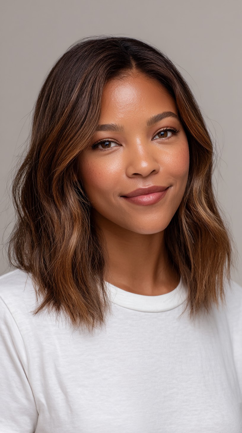 Mid-Length Blunt Lob with Soft S-Waves and Warm Caramel Accents