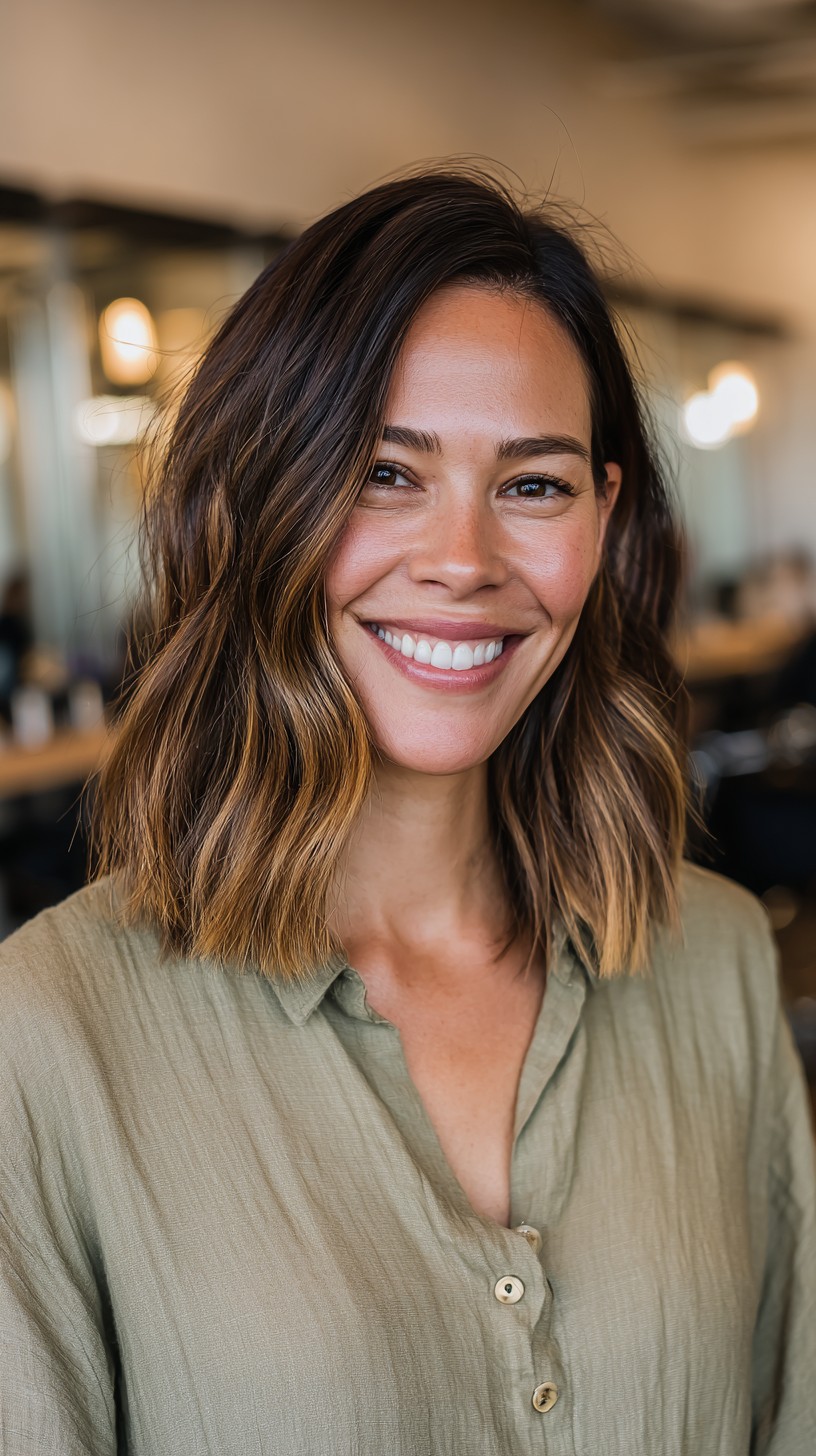 Modern Blunt Lob with Soft Interior Bevel and Sunlit Balayage
