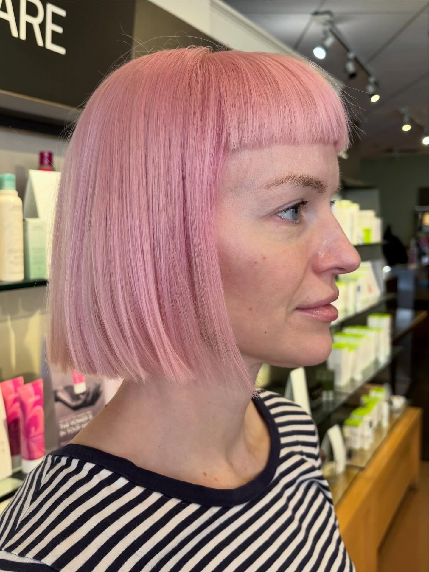 Pastel Pink Precision Blunt Bob with Micro Straight Fringe