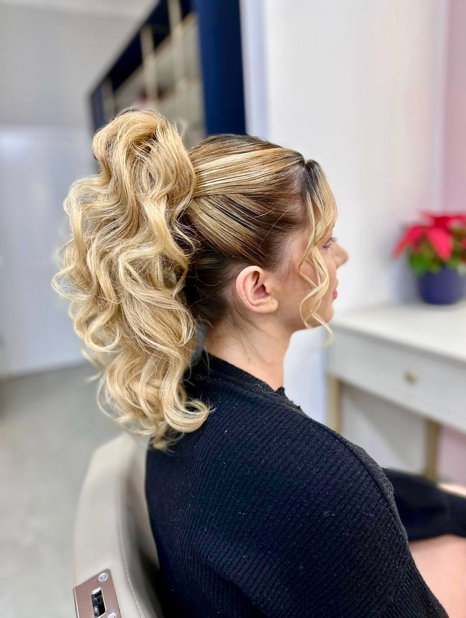 Platinum Blonde High Pony with Cascading Barrel Curls