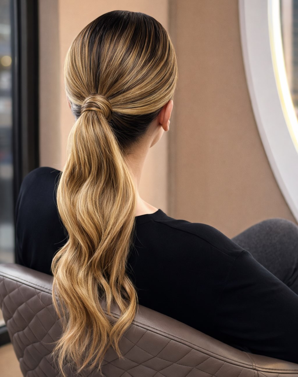 Polished Low Ponytail with Wrapped Base and Warm Balayage