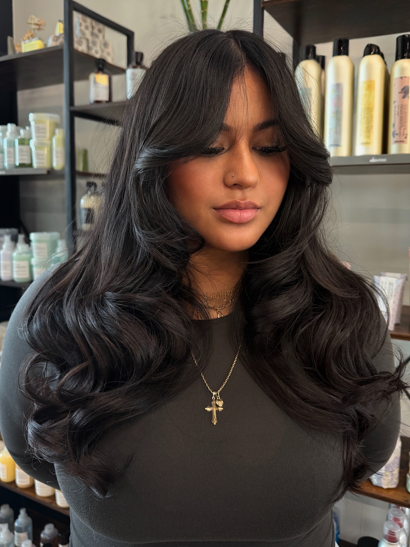 Raven Gloss Curtain Bangs with Long Graduated Blowout