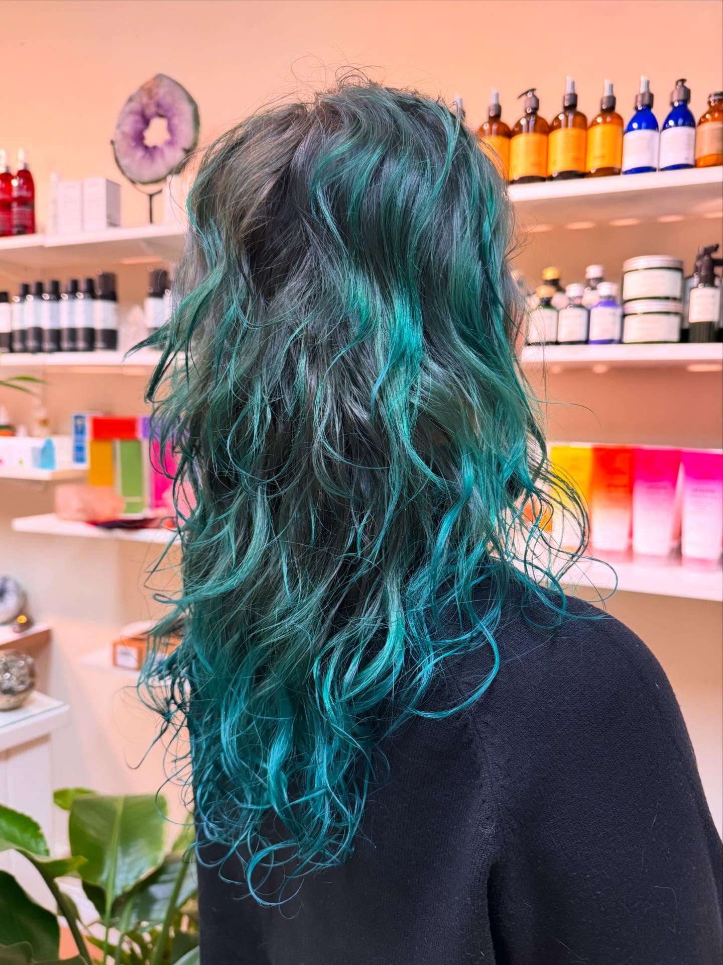 Sea-Glass Teal Balayage on Textured Beach Waves