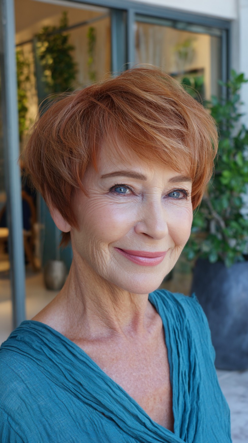Short Wispy Copper Pixie with Lifted Crown and Side-Swept Micro-Fringe
