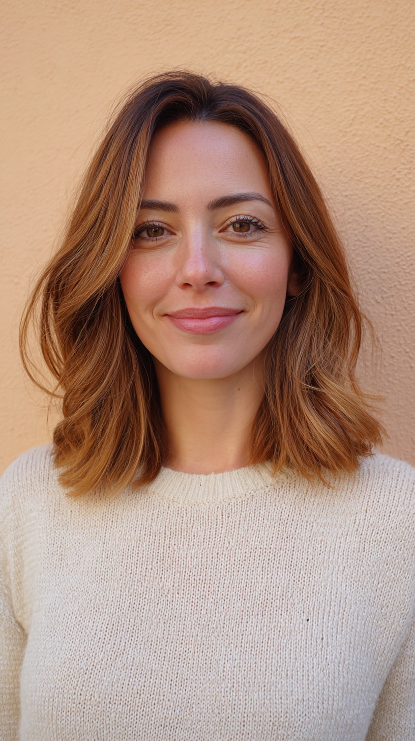 Soft Caramel Blunt Lob with Root Lift and Interior Texture