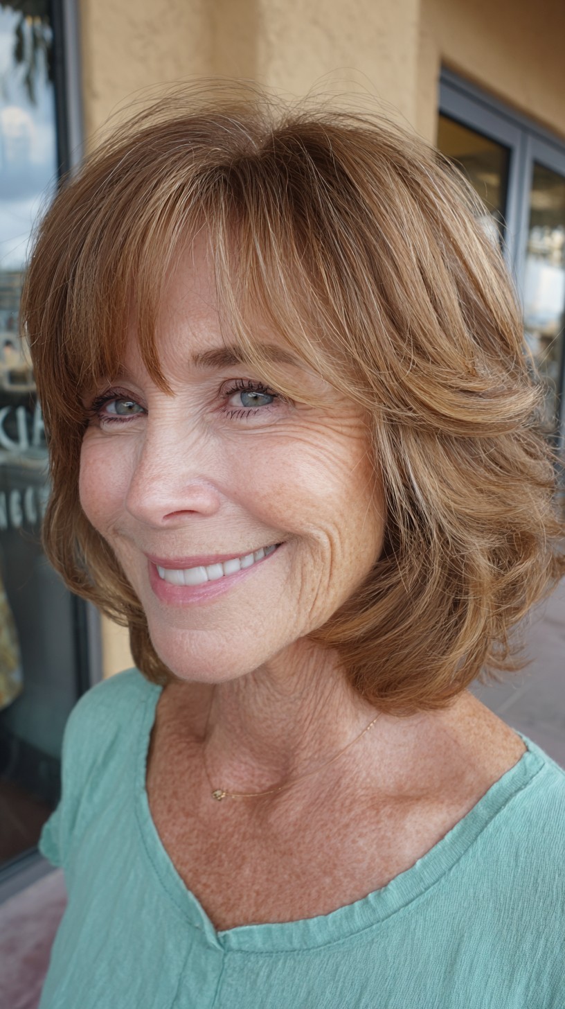Soft Feathered Shoulder-Length Layers with Curtain Bangs
