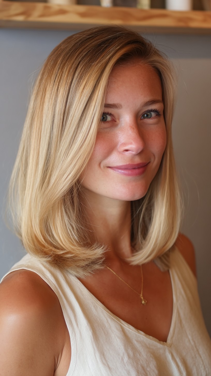 Soft Outward-Flick Blunt Lob with Face-Sculpting Deep Side Part