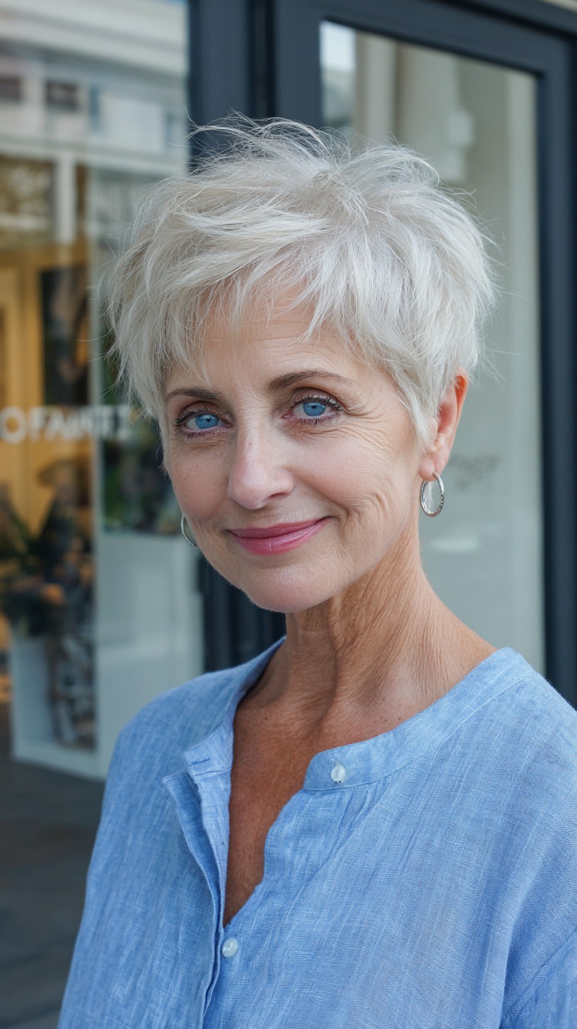 Soft Platinum Textured Pixie with Lifted Crown