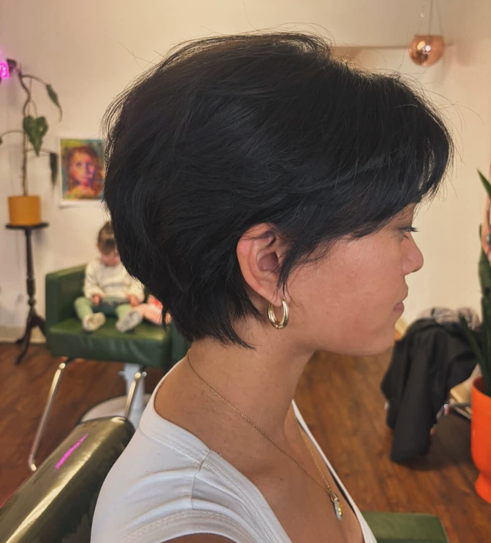 Stacked Short Pixie with Soft Side Fringe in Deep Black