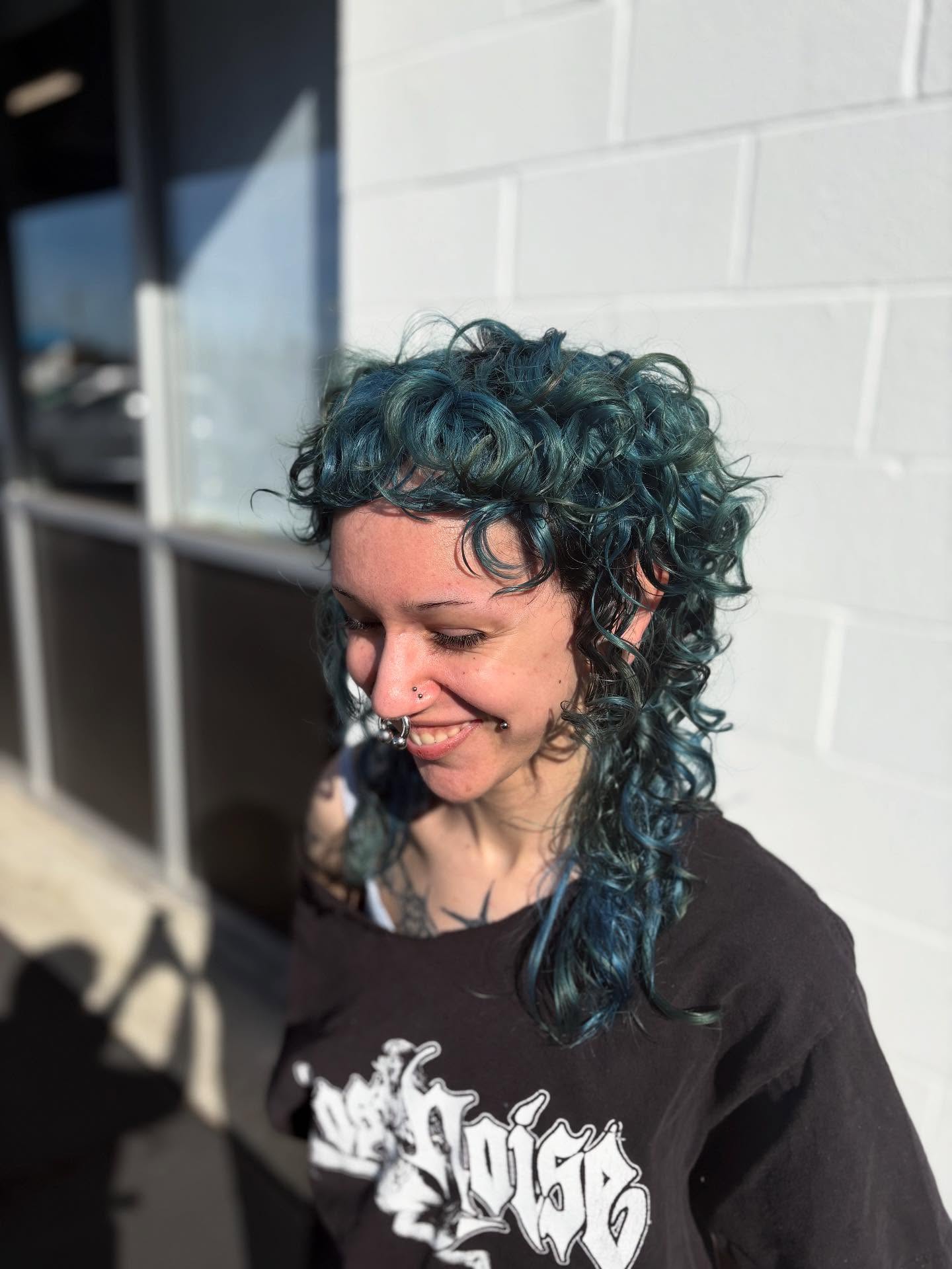 Teal Curly Modern Shag with Micro Curled Fringe