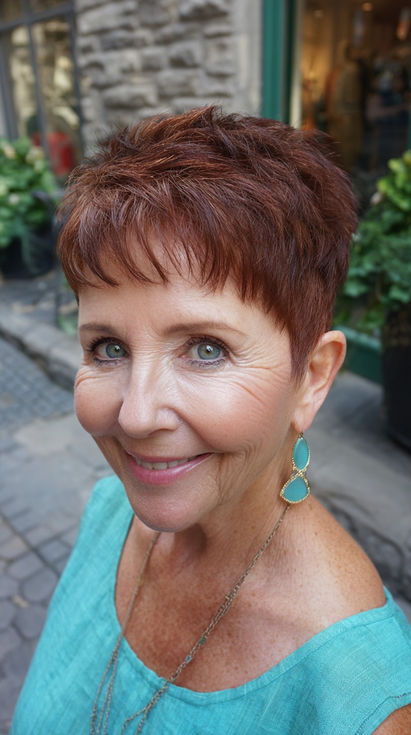 Textured Auburn Micro Pixie with Cropped Fringe and Tapered Nape
