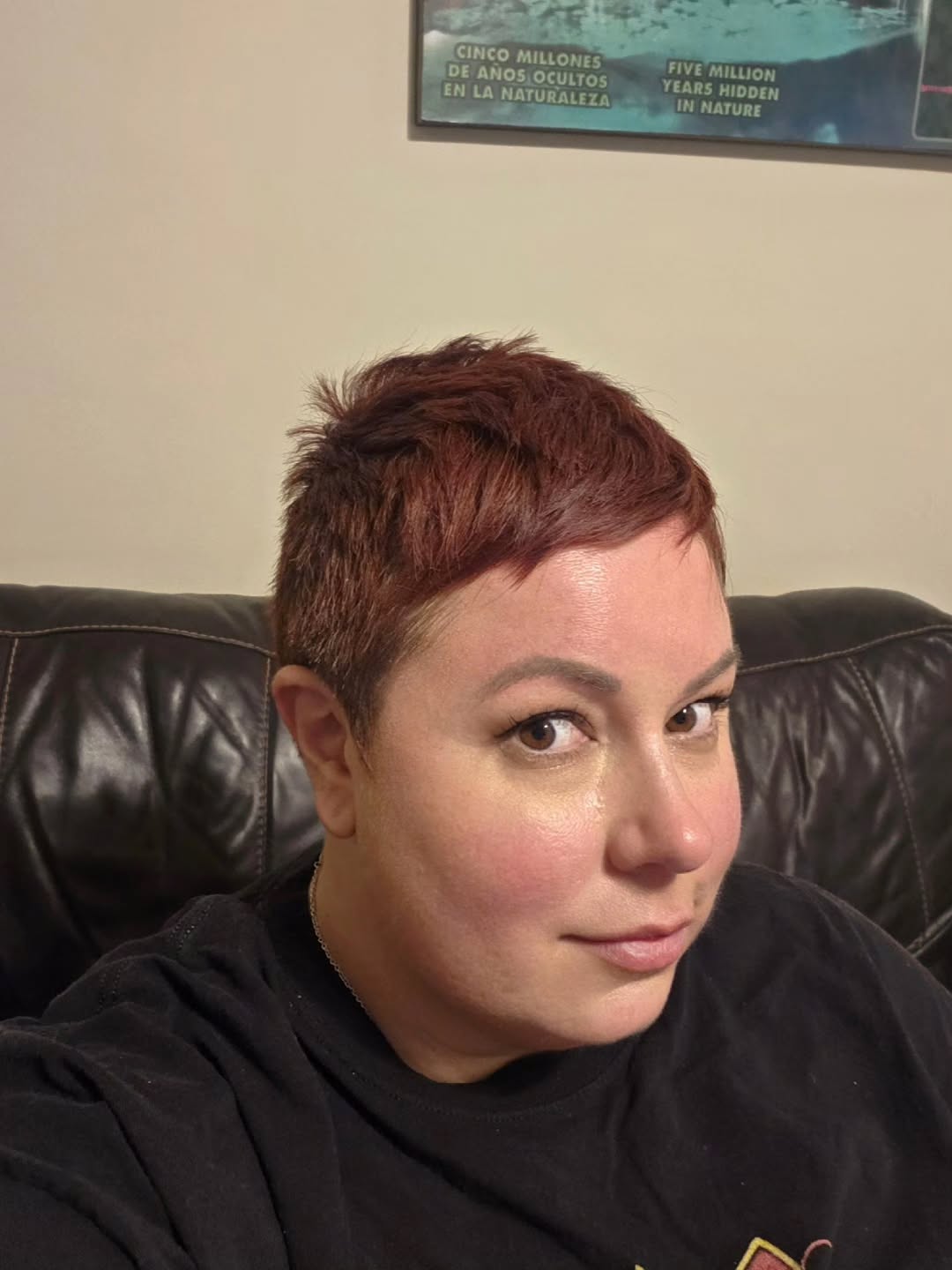 Textured Auburn Short Pixie with Tapered Sides and Radial Fringe