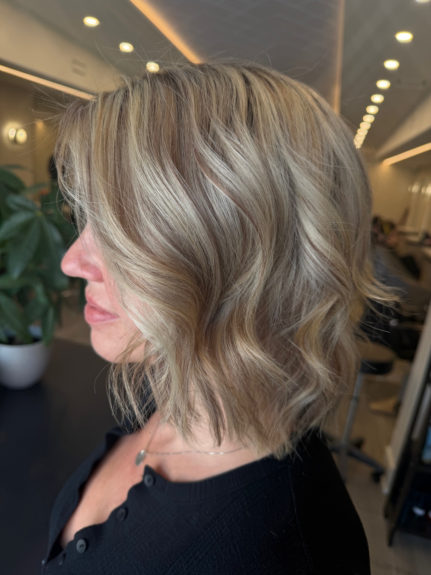 Textured Beige-Blonde Lob with Soft Root Smudge