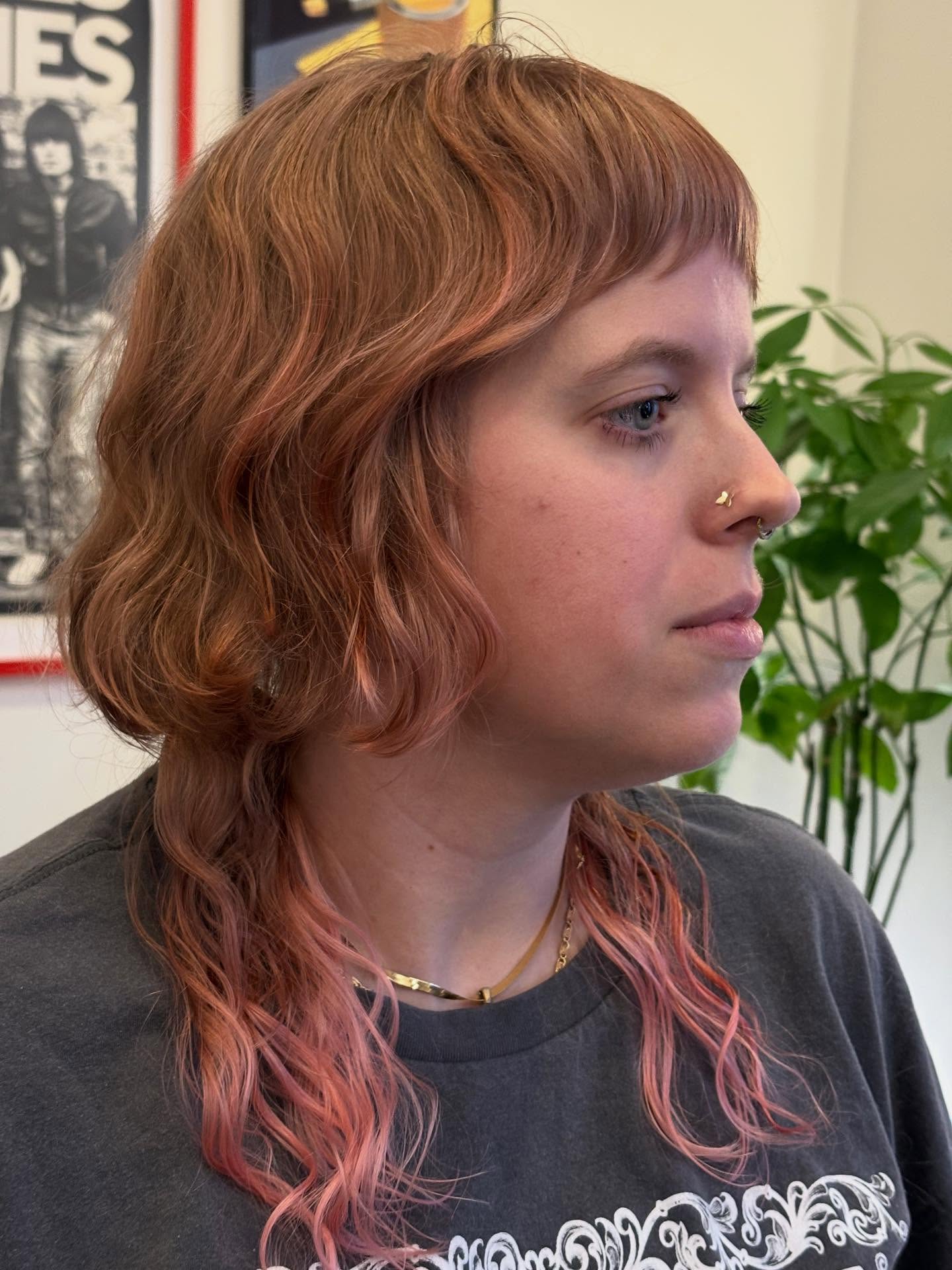 Textured Copper-Pink Shag with Short Blunt Micro-Bangs