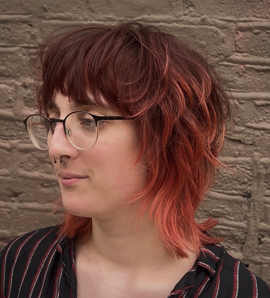 Textured Copper Shag with Short Micro-Bangs and Flipped Nape