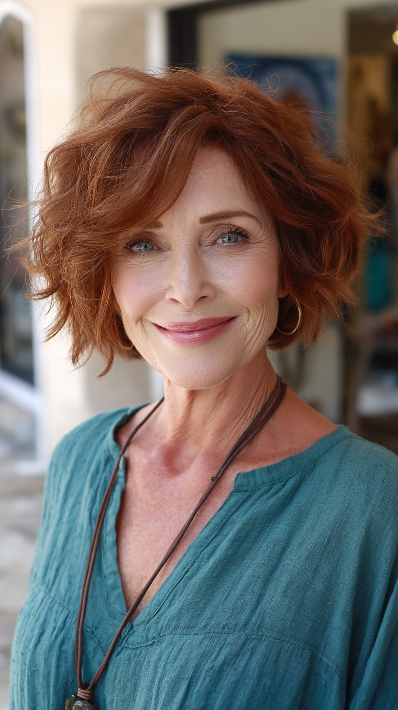 Textured Copper Tousled Crop with Side-Swept Fringe
