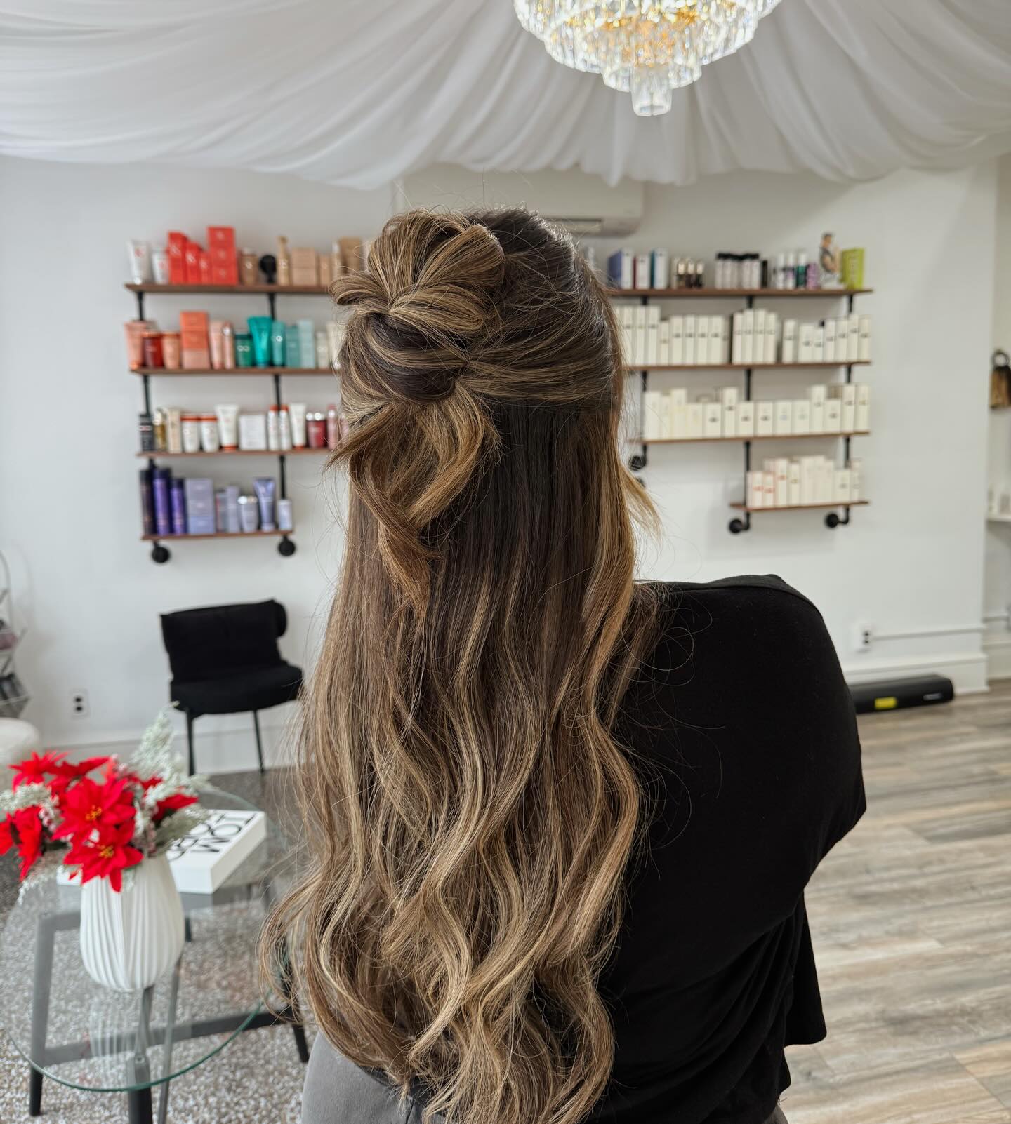 Textured Loop Half-Up Knot on Long Caramel Balayage Waves