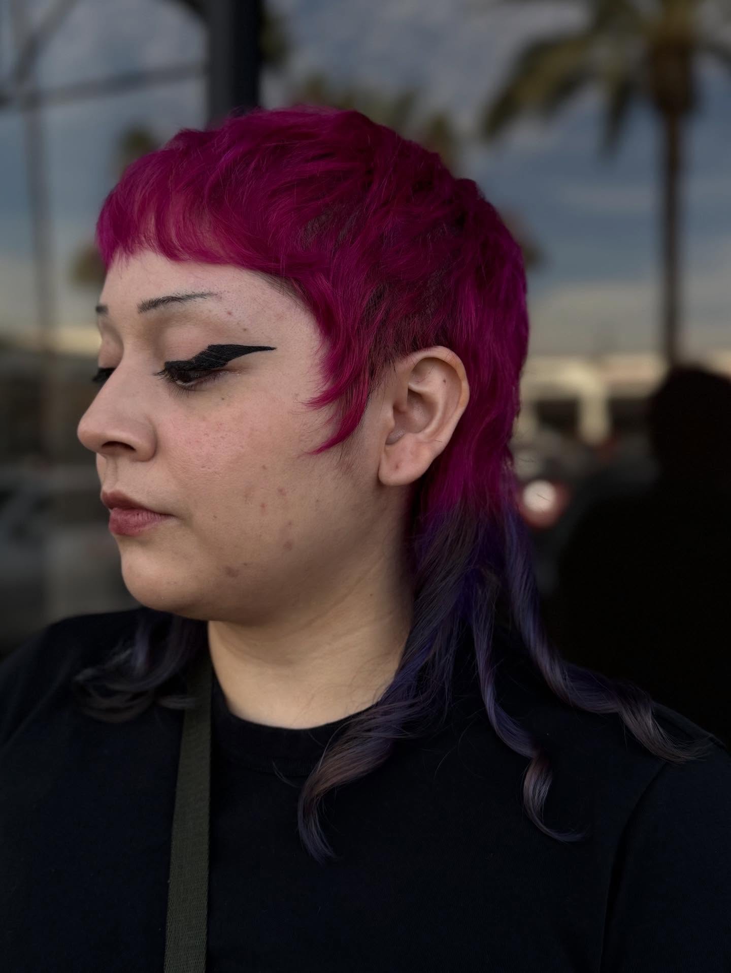 Textured Pixie-Mullet with Micro Fringe and Magenta-to-Purple Color Melt
