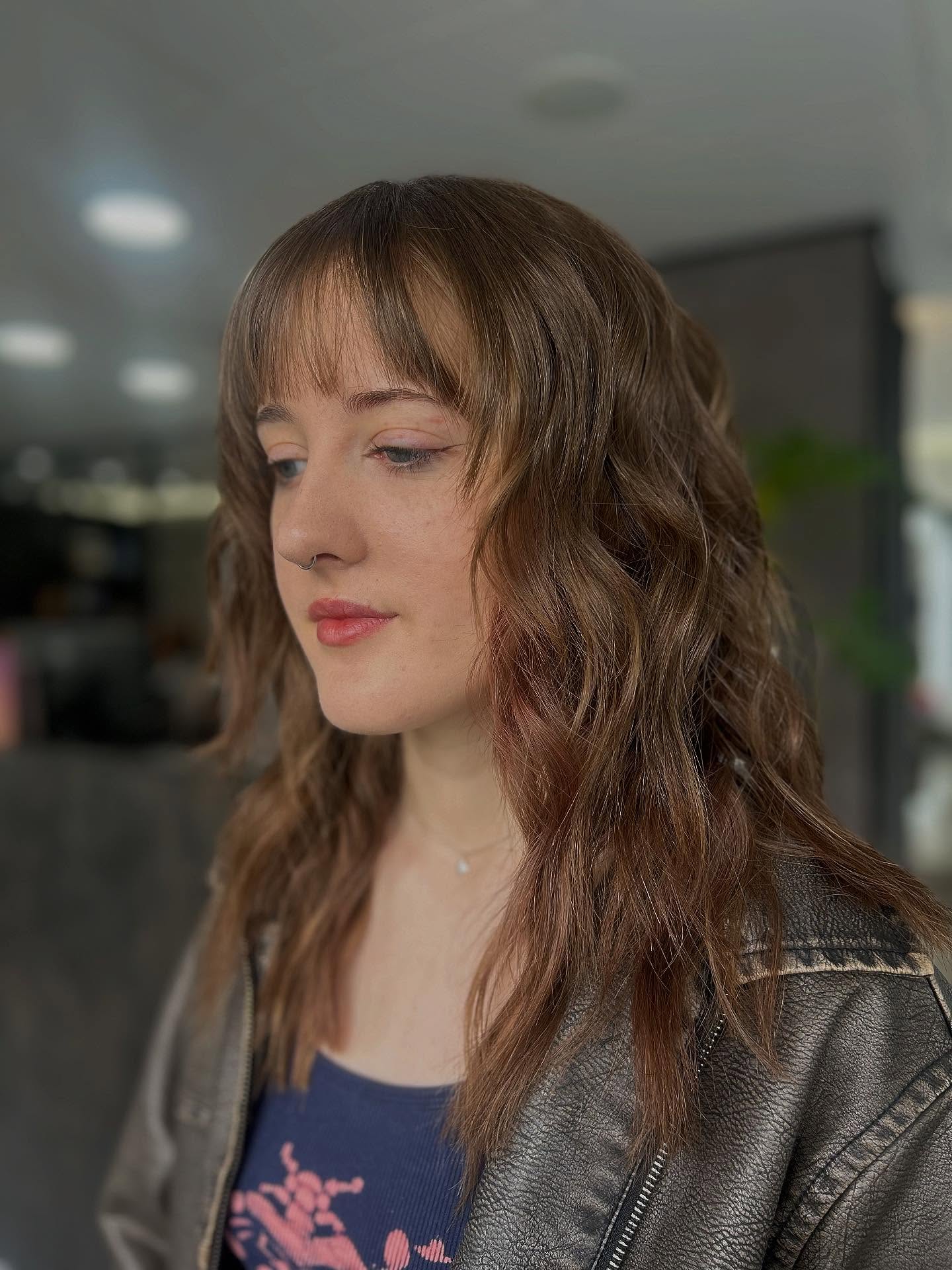 Textured Wavy Shag with Wispy Micro‑Fringe and Peekaboo Rose Ribbons