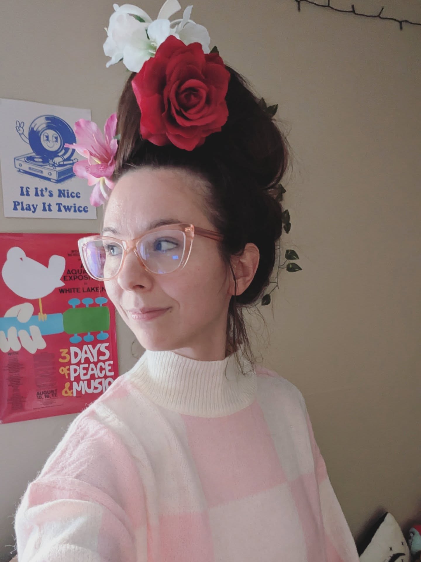 Voluminous Vintage High Bun with Oversized Rose Accent